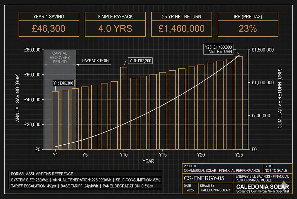 Commercial solar energy bill savings and 25-year financial performance model - Caledonia Solar