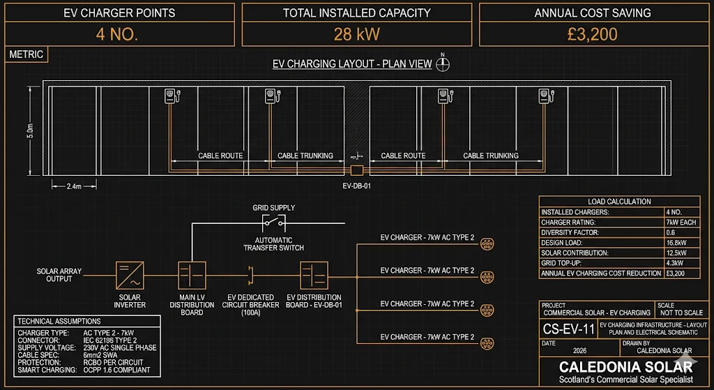 Commercial EV charging infrastructure layout plan and electrical schematic - Caledonia Solar