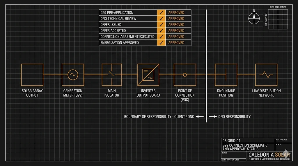 G99 grid connection schematic and DNO approval status - Caledonia Solar